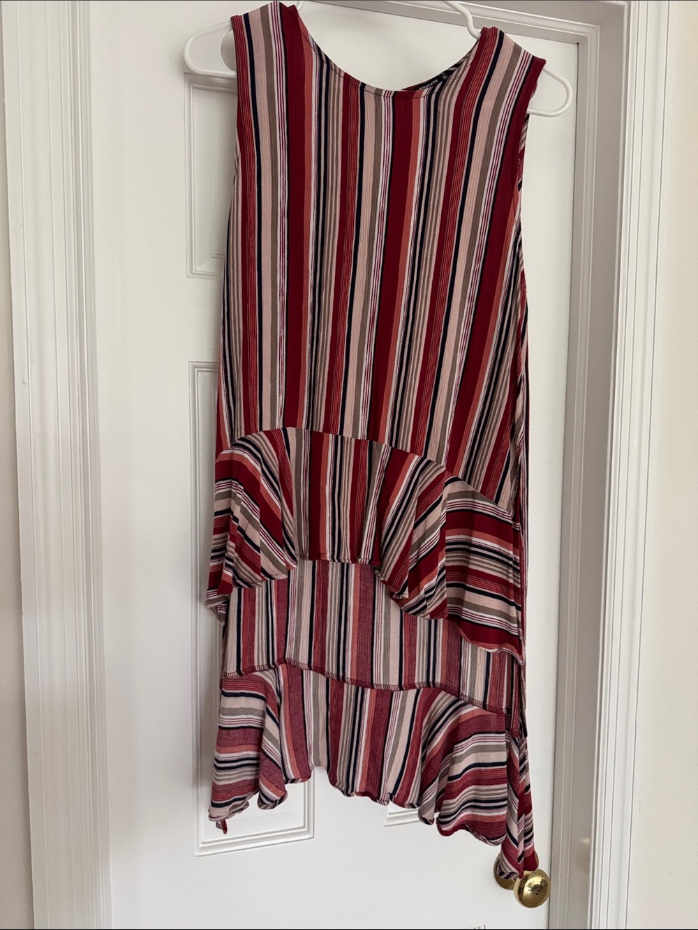 Annabelle Burgundy, Black and Cream Striped Sleeveless High-Low Top